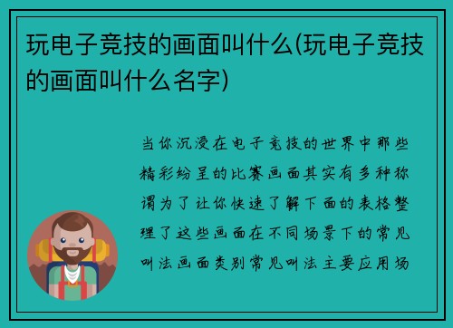 玩电子竞技的画面叫什么(玩电子竞技的画面叫什么名字)